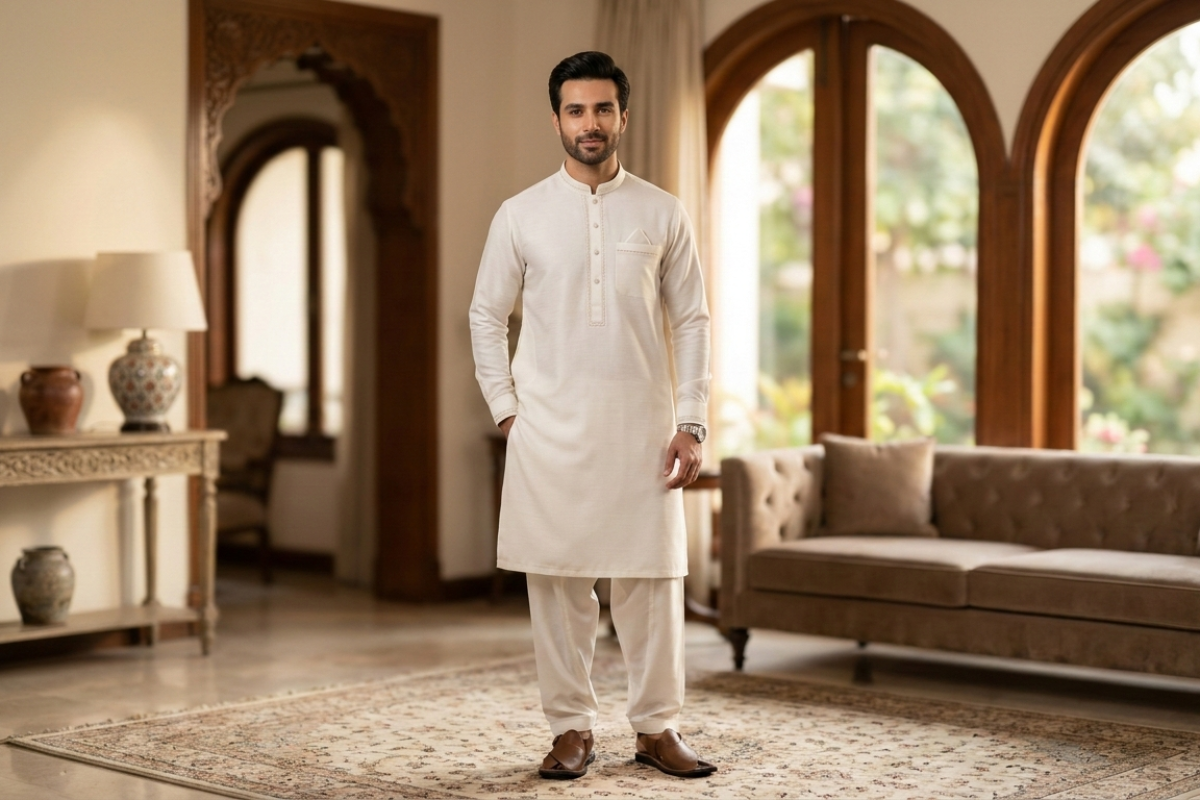 Man wearing Kanaan Signature shalwar kameez for Eid 2026